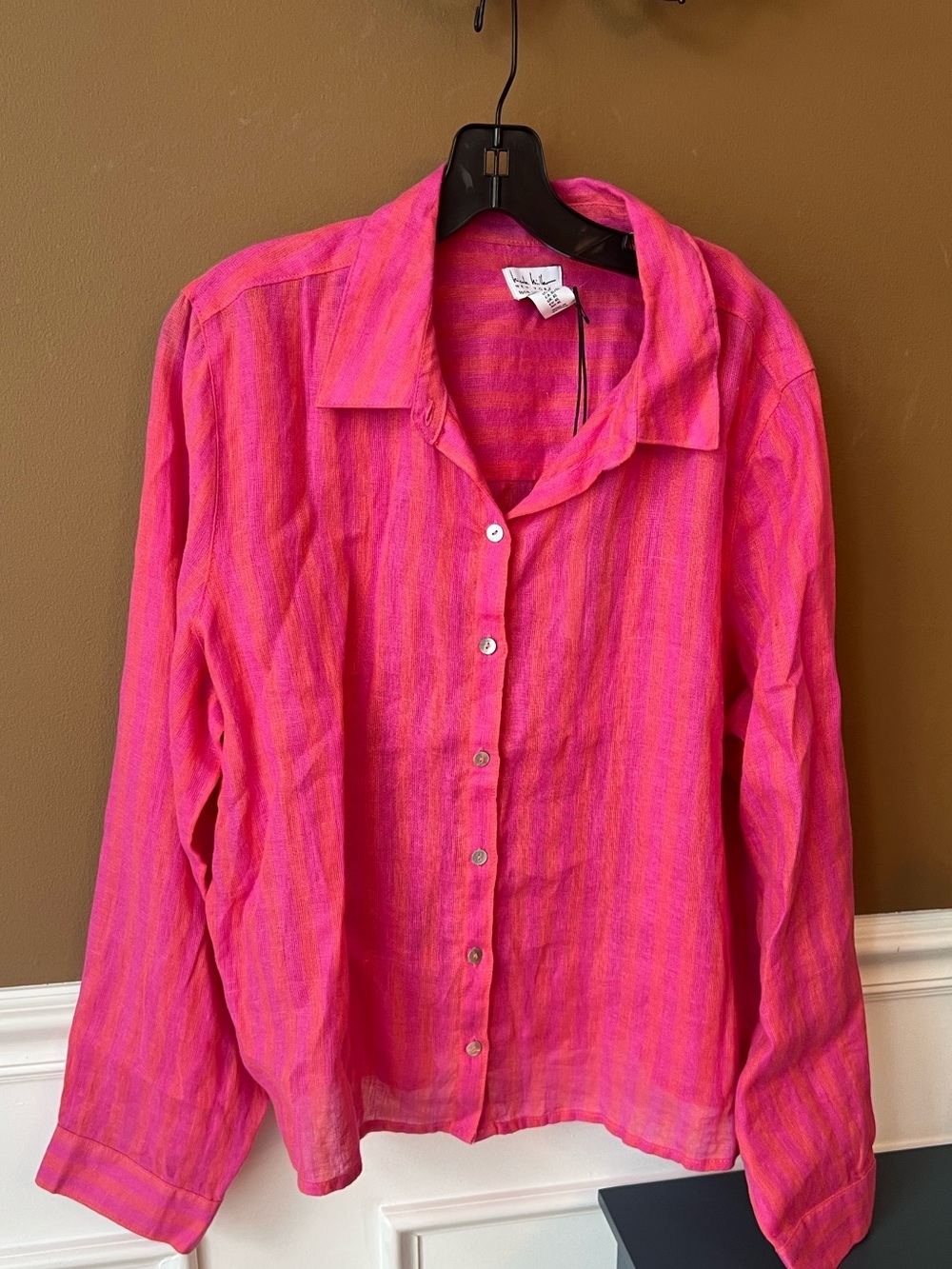 Nicole Miller Pink Striped Linen Button-Down Shirt Size XL Coastal Beach Boho